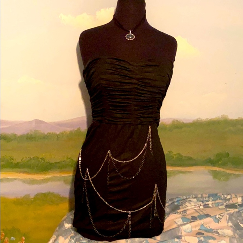 Bebe black strapless dress with chain bottom